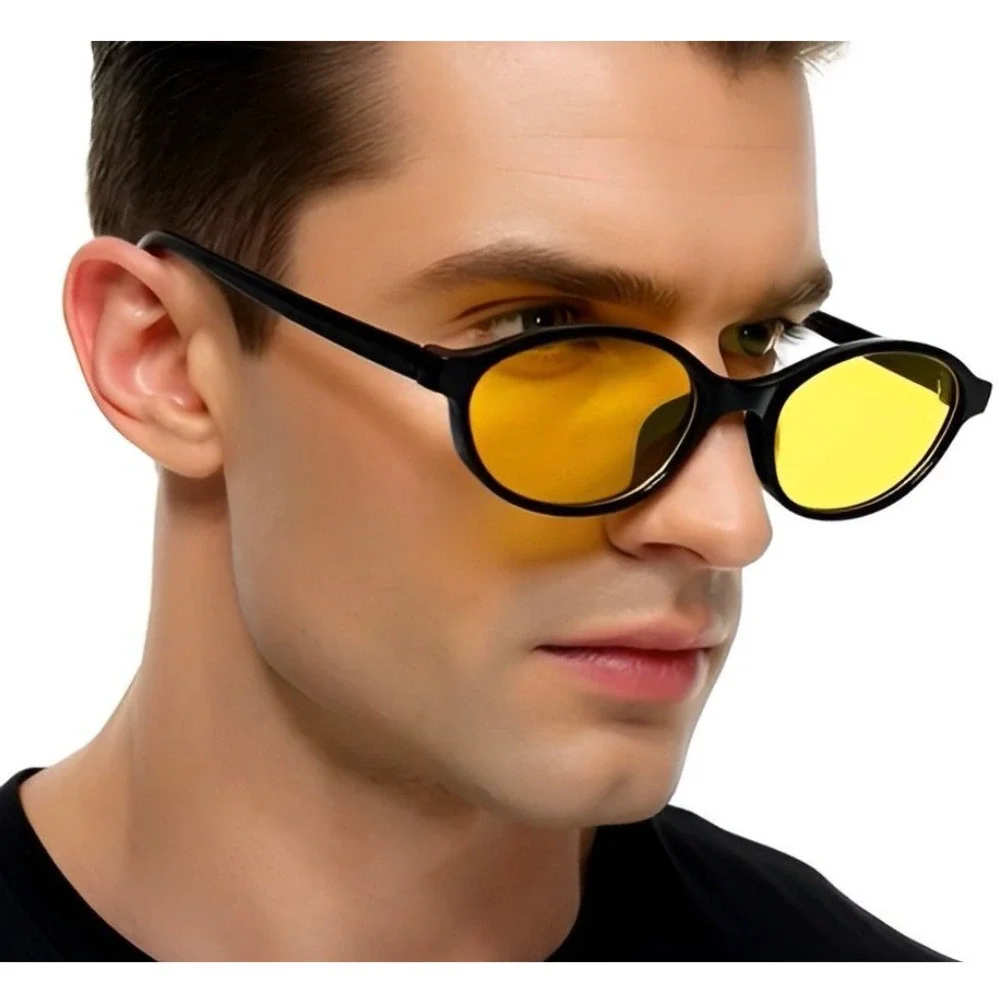 Black Oval Sunglasses Yellow Tint Lens Men‎ Fashion Eyewear Small Trendy Lentes